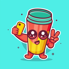 smiling water tumbler character mascot taking a selfie with a smartphone isolated cartoon 