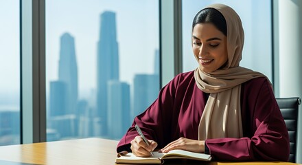 A successful businesswoman in a hijab thoughtfully jots down notes in her journal while sitting by a large window overlooking a modern city skyline.