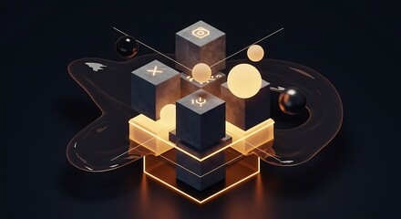 Abstract Cubes and Spheres with Glowing Elements on Dark Background