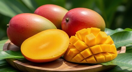 Fresh Ripe Mangoes, Whole and Sliced, on a Wooden Board with Green Leaves