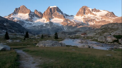 Mountain Peaks and Green Meadow Landscape