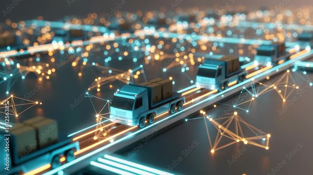 Poster futuristic automated delivery trucks transporting packages along a glowing network of interconnected