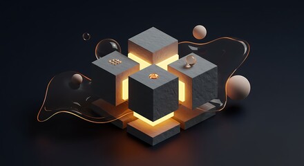 Abstract Stone Cubes Floating with Transparent Spheres and Gold Accents