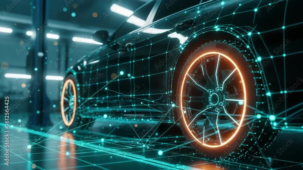 Poster a futuristic view of a sleek car with glowing wheels set in a high-tech garage showcasing digital co