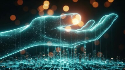 A futuristic hand reaching out with glowing particles symbolizing technology and connection set against a vibrant city skyline with digital elements and bokeh lights in the background - Powered by Adobe