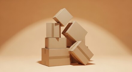 Unstable Stack of Falling or Toppling Brown Cardboard Shipping Boxes