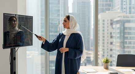 A confident businesswoman wearing a hijab presents a data analysis report on a large screen in a modern with a city view.
