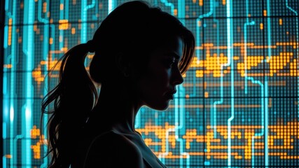 Silhouette of woman stands against vibrant digital backdrop showcasing technology and data patterns, reflecting privacy in 5G era