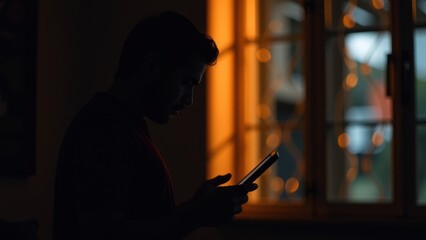 Person interacts with device in dimly lit room, highlighting theme of privacy in 5G era. warm glow from window adds sense of intimacy