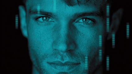 In privacy era of 5G, young man gazes intensely, embodying fusion of technology and human emotion, reflecting modern connectivity