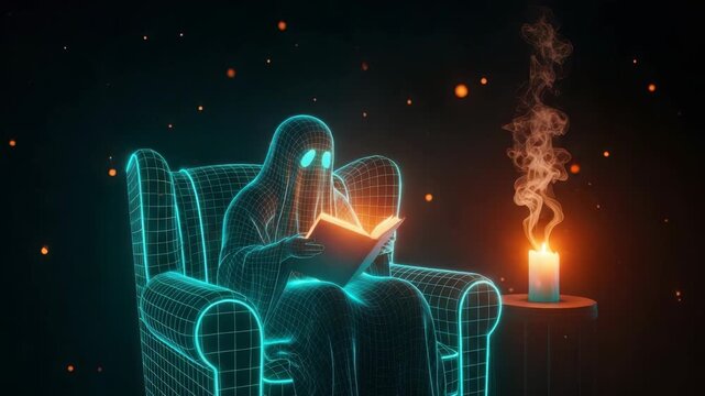 A glowing holographic figure resembling a ghost sits in a cozy armchair engrossed in reading a book with a softly flickering candle beside it creating a mystical ambiance in a darkened space
