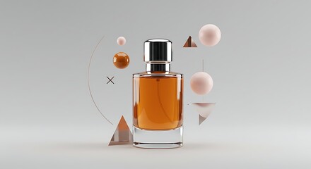 Perfume Bottle Mockup with Abstract Geometric Shapes on White Background