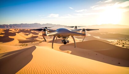 Drones flying over sand dunes at sunrise