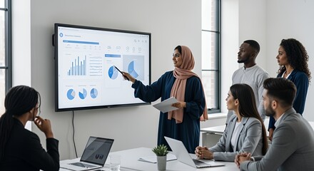 A diverse team attentively listens as a woman in a hijab presents a data analysis on a large screen during a collaborative business meeting.