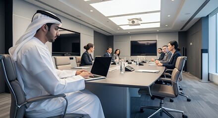 A businessman in traditional Middle Eastern attire uses a laptop during a corporate meeting in a modern boardroom.