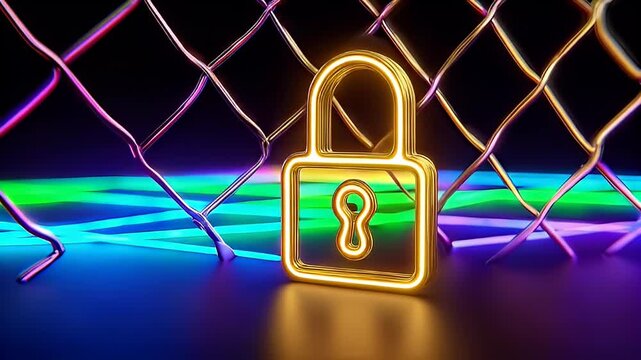 Neon padlock graphic against a metal fence