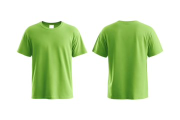 Front and back view of a plain bright green short sleeved t shirt with a white label isolated on transparent background