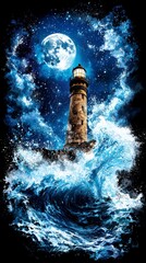 Lighthouse under a Full Moon and Crashing Waves.