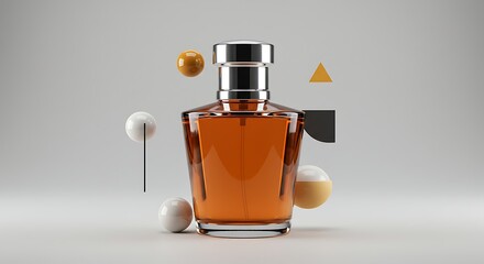 Elegant Glass Bottle Still Life with Spheres and Geometric Shapes