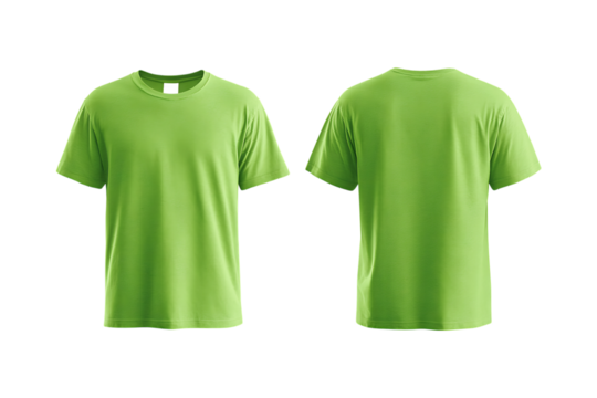 Front and back view of a plain bright green short sleeved t shirt with a white label isolated on transparent background