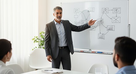 A confident businessman presents a strategic plan on a whiteboard to attentive colleagues during a productive business meeting.