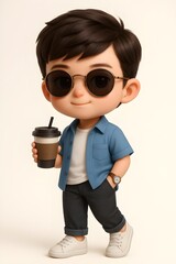 Cartoon Boy with Sunglasses Holding Coffee Cup and Smiling in Casual Outfit
