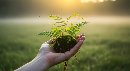 Fern in Hand with Moss Ball Roots and Green Field