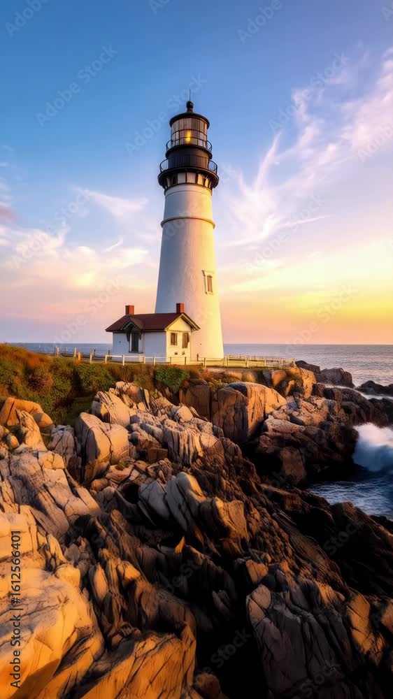 Poster seaside lighthouse with adjacent building on rocky coast landscape at dawn with a vibrant colorful s