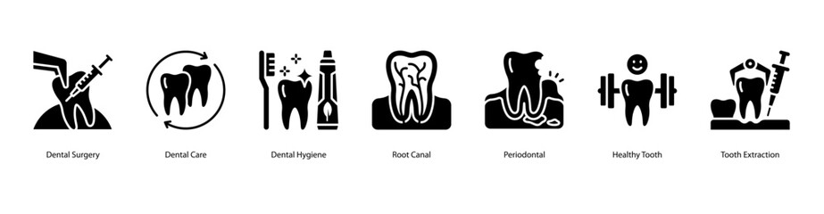 Dental care web banner icon vector illustration featuring Dental Surgery, Dental Care, Dental Hygiene, Root Canal, Periodontal, Healthy Tooth, and Tooth Extraction.
