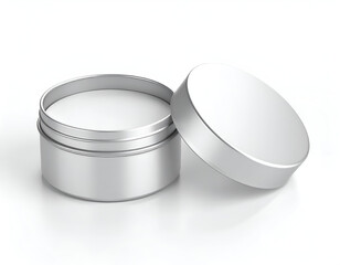 Blank round aluminum tin with white cosmetic balm inside, an open container mockup for skincare product branding, isolated on white.