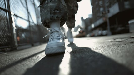 Low-angle shot, full-body shot of a woman walking on the street, focus on the shoes