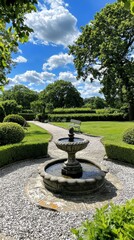 Serene Garden Fountain with Bench and Blue Sky