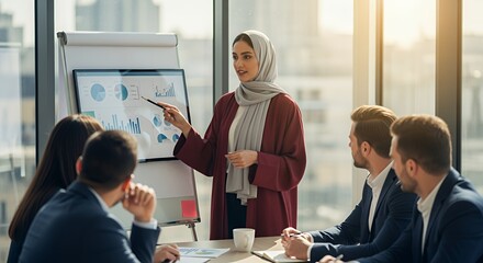 A confident businesswoman in a hijab presents financial data and charts to a diverse group of attentive colleagues during a productive meeting.