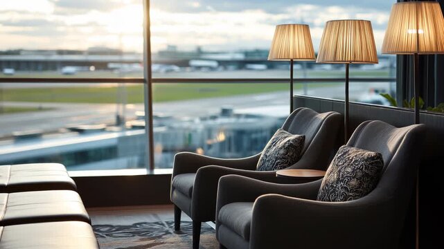 Cozy lounge area with elegant armchairs and beautiful airport views at sunset