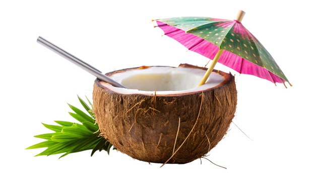 A refreshing tropical coconut drink with a colorful umbrella and straw, isolated on a transparent background