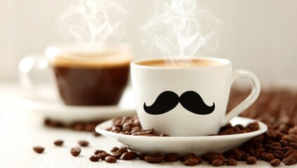 Fototapeta premium Two cups of coffee; one with a mustache graphic. Both steaming, surrounded by roasted coffee beans on a bright, neutral surface. Soft light fills the scene