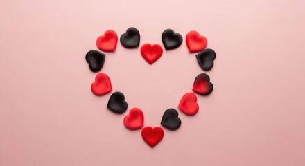 Decorative Heart Shape Made Of Small Red And Black Hearts On A Pink Background
