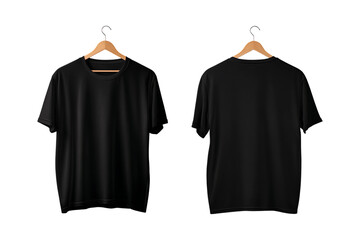 Two views of a plain black short sleeved t shirt hanging on a wooden clothes hanger isolated on transparent background