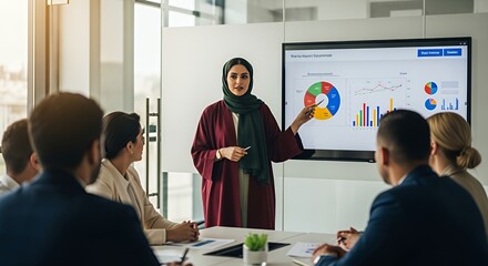 A confident businesswoman in traditional attire presents financial data to a diverse team during a modern meeting.