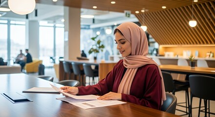 A woman in a hijab thoughtfully reviews documents at a modern desk, surrounded by a bustling workspace.