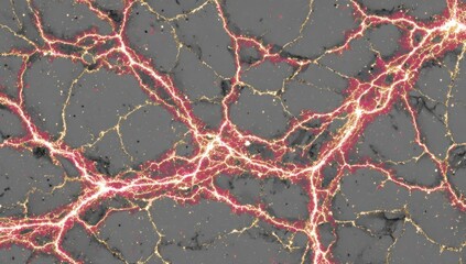 Cracked, grey surface with bright pink/gold fissures. Fine golden flecks scattered across. Networked, branching veins radiate across the fractured texture