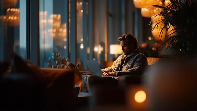 Evening work session in a cozy lounge with soft lighting and a modern atmosphere