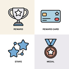 Illustration of a trophy, reward card, stars, and medal representing achievements and recognition