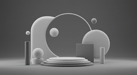Abstract Geometric Shapes Composition in Gray and White