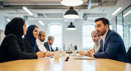 A diverse group of professionals, some wearing traditional headwear, engages in a collaborative meeting around a table in a modern setting.