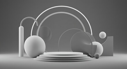 Modern Gray Scale Geometric Podium with Spheres and Arcs for Product Display