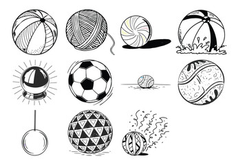 Fototapeta premium Vector art of collection of various ball drawings and sphere illustrations isolated on white background