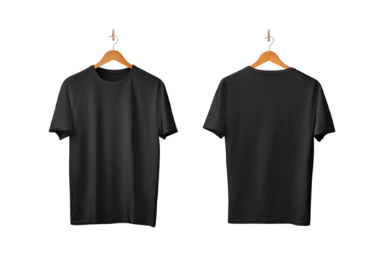 Front and back view of a plain black short sleeve t shirt hanging on a wooden clothes hanger isolated on transparent background