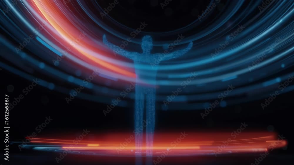 Poster futuristic hologram technology exploring privacy in 5g era with digital light patterns and innovatio