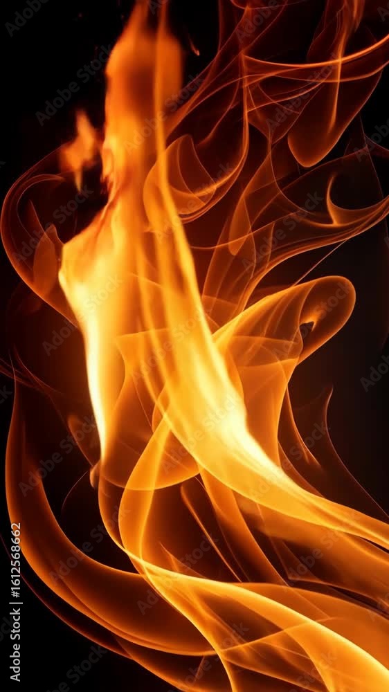 Poster dynamic abstract orange fire flames dancing upwards against a dark black background, creating a mesm